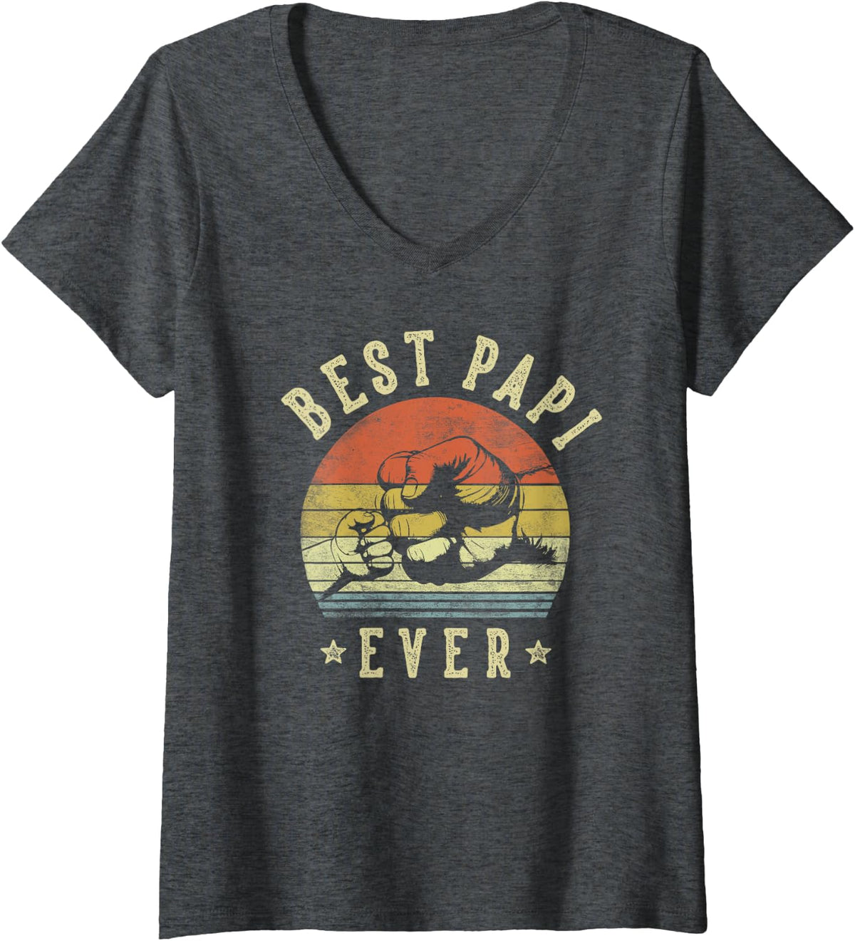Women's Best Papi Ever - Retro Fist Bump Vintage Design Papi V-Neck T-Shirt - Dark Heather Grey