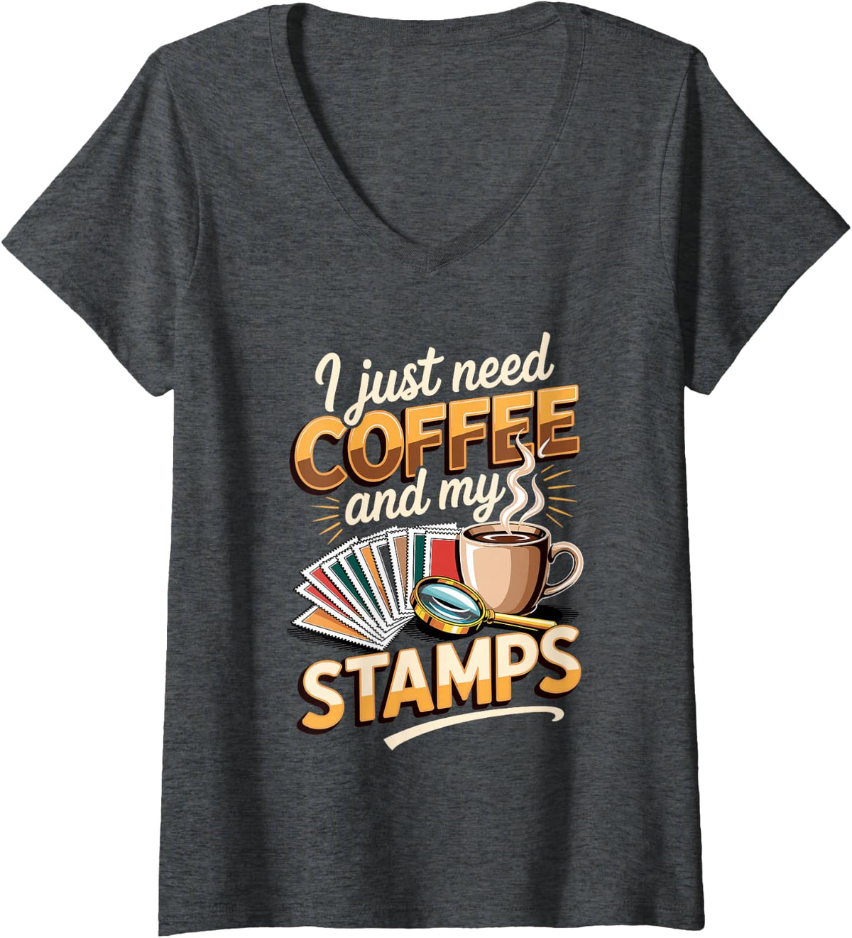 Women's I Just Need Coffee and My Stamps Stamp Collector V-Neck T-Shirt - Dark Heather Grey