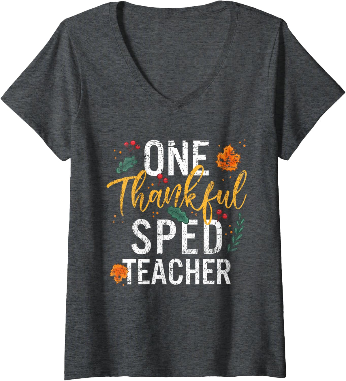 Women's One Thankful SPED Teacher Thanksgiving Vintage V-Neck T-Shirt - Dark Heather Grey