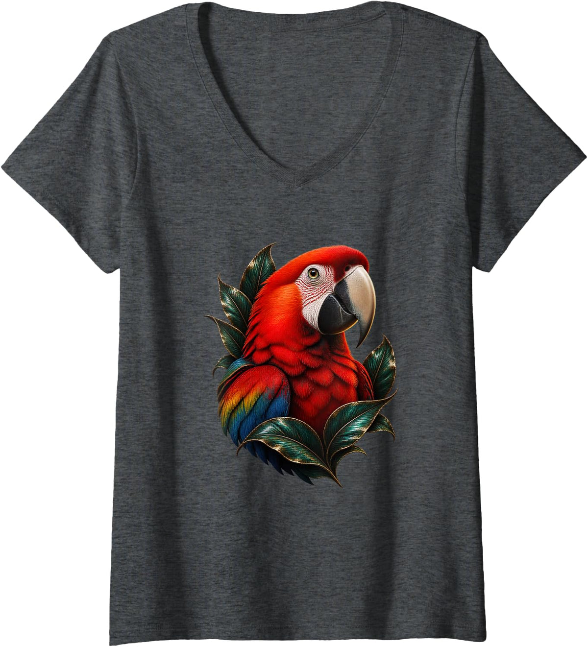 Women's Scarlet Macaw with Jade Leaf Blades Parrot Art V-Neck T-Shirt - Dark Heather Grey