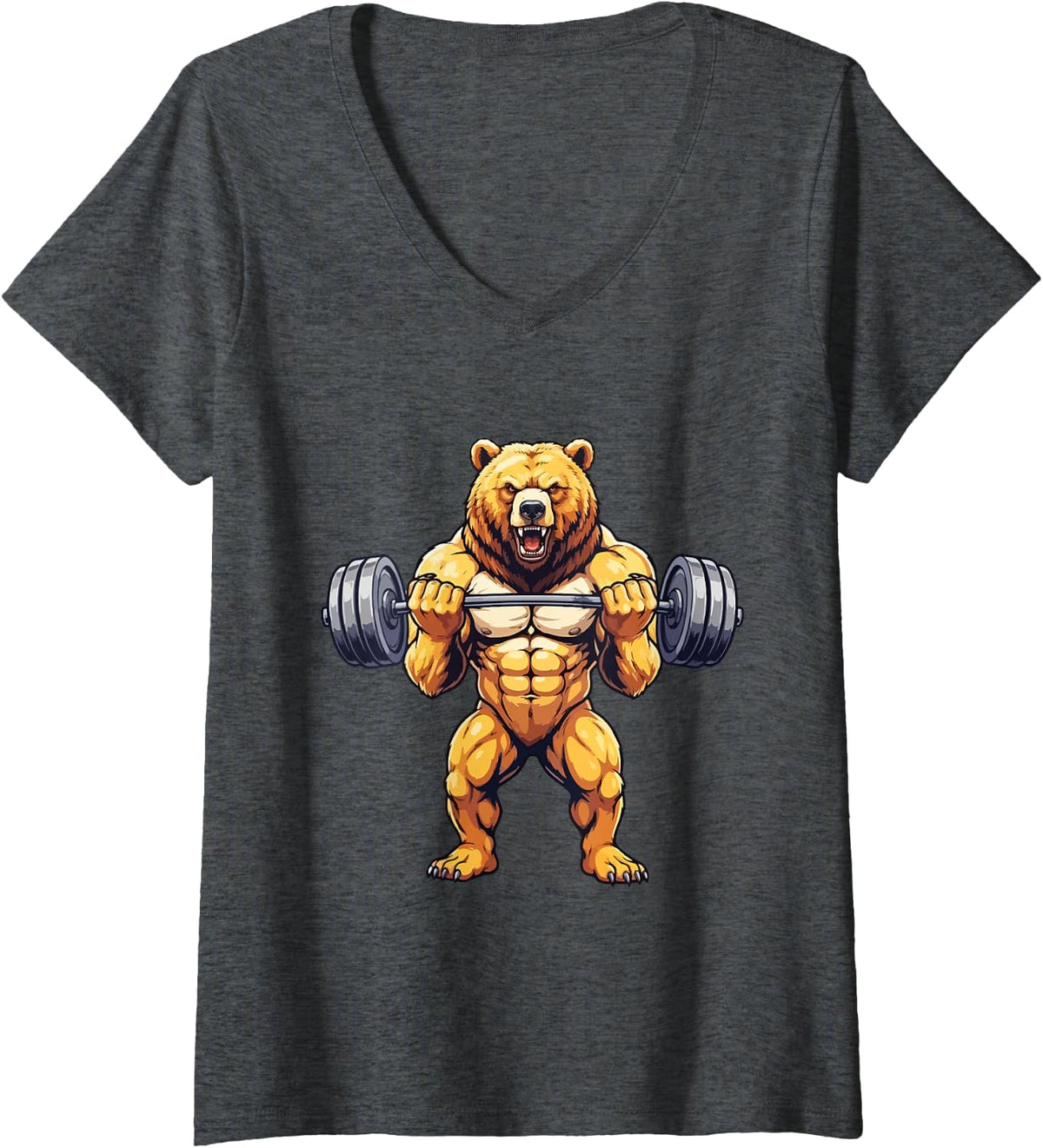 Women's Muscular Bear Bicep Curls Powerlifting Graphics V-Neck T-Shirt - Dark Heather Grey
