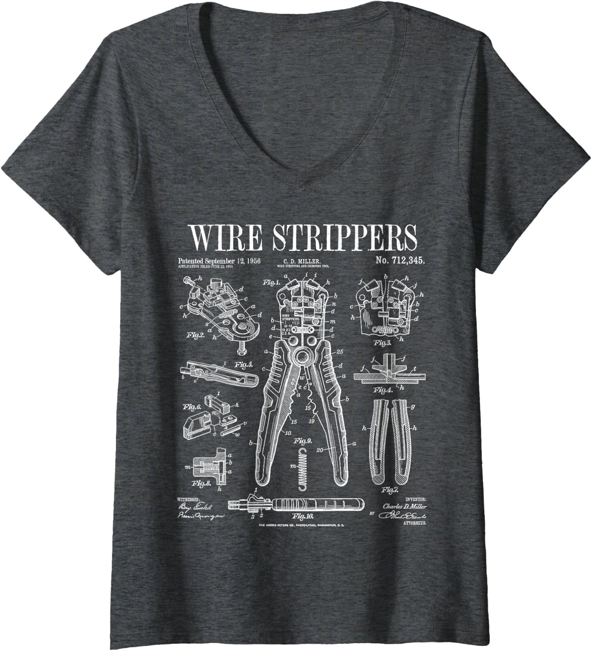 Women's Electrician Electrical Worker Wire Strippers Vintage Patent V-Neck T-Shirt - Dark Heather Grey