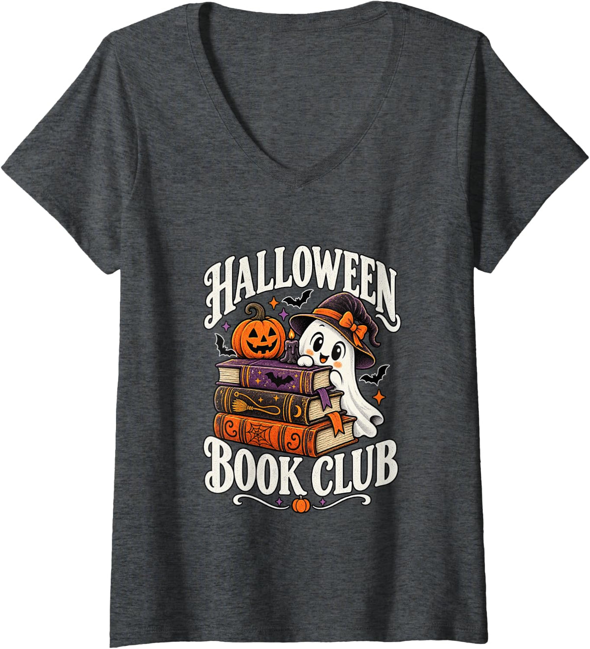 Women's Halloween Book Club Ghost Spooky Reader Book Lover V-Neck T-Shirt - Dark Heather Grey