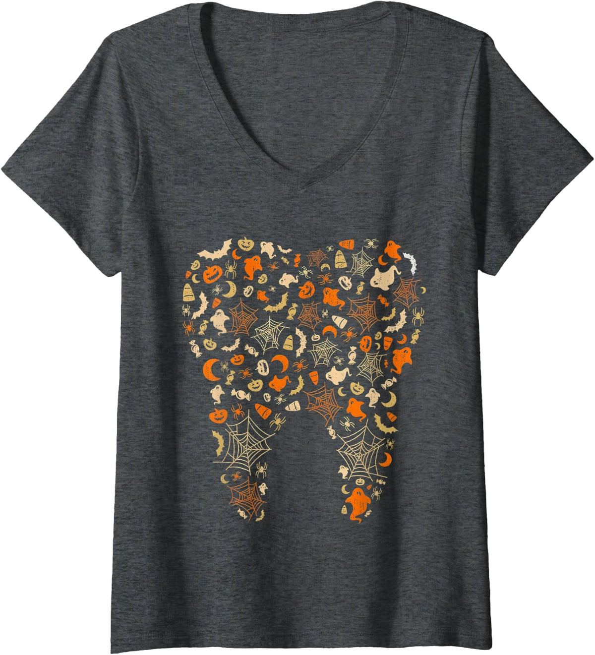 Women's Halloween Tooth Dentist Dental Hygienist Ghost Pumpkin V-Neck T-Shirt - Dark Heather Grey