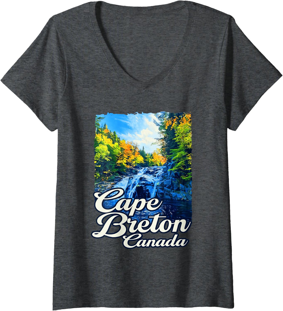 Women's Mountain Forest Cape Breton Canada Camping Hiking V-Neck T-Shirt - Dark Heather Grey