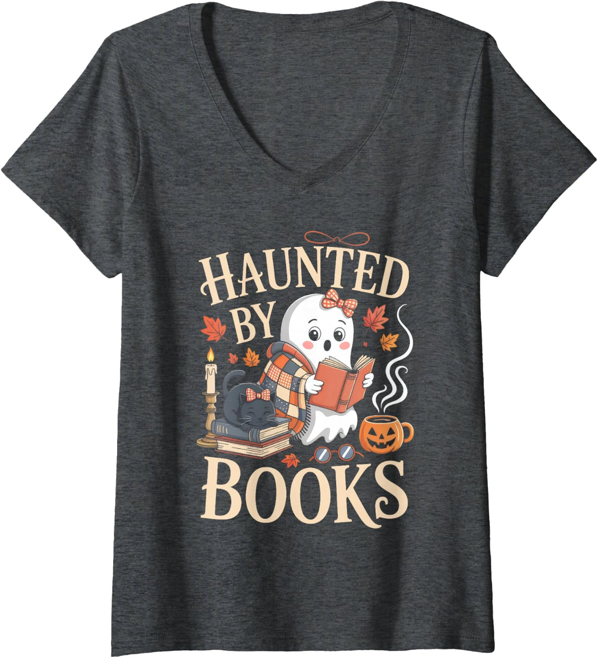Women's Haunted By Books Vintage Ghost Reading Halloween Book Lover V-Neck T-Shirt - Dark Heather Grey
