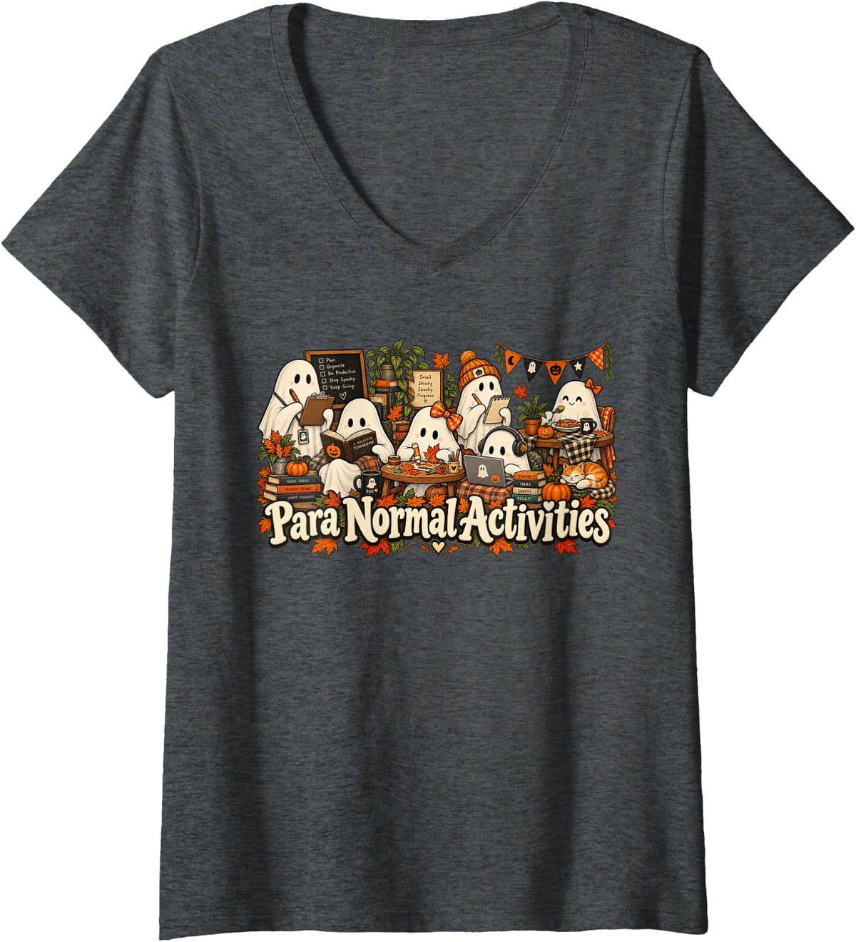 Women's Paranormal Activities Funny Halloween Ghosts V-Neck T-Shirt - Dark Heather Grey