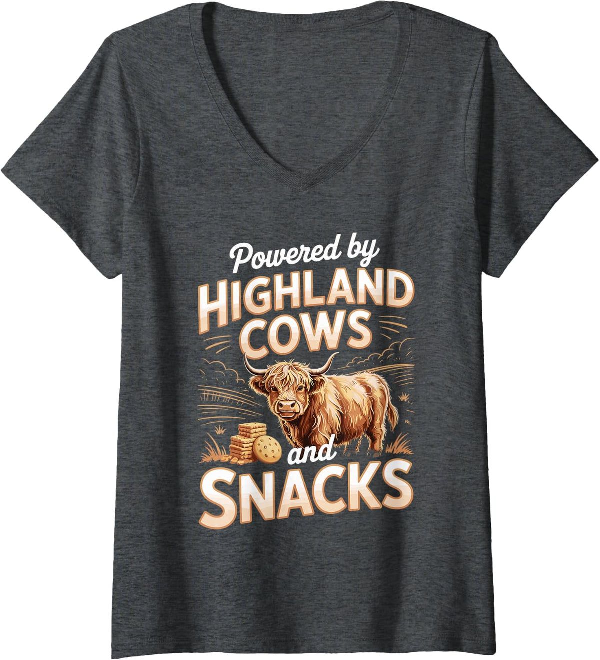 Women's Powered By Highland Cows and Snacks V-Neck T-Shirt - Dark Heather Grey