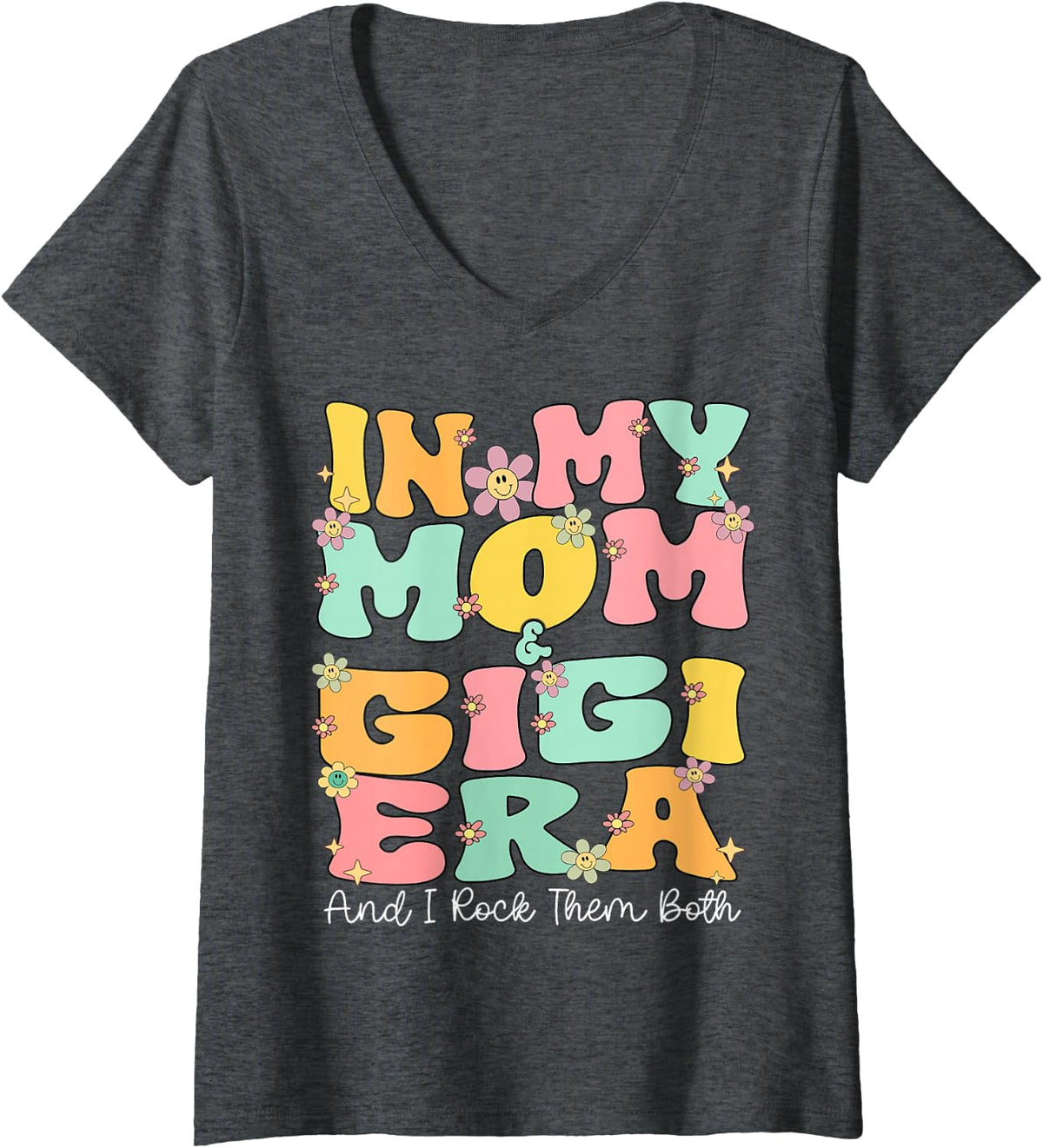 Women's in My Mom and Gigi Era Groovy Mom and Gigi Grandma Christmas V-Neck T-Shirt - Dark Heather Grey