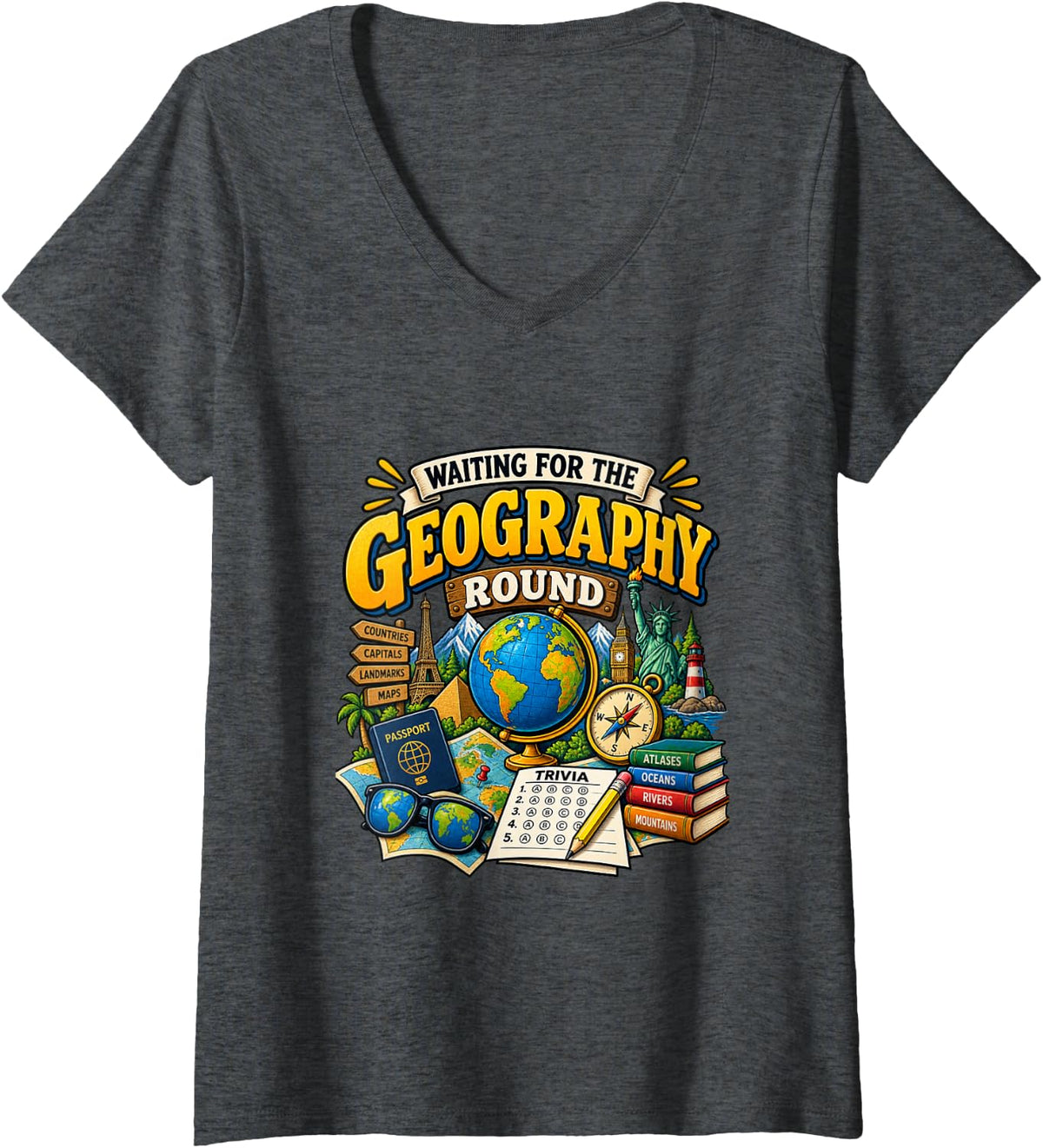 Women's Waiting for The Geography Round Trivia Lover V-Neck T-Shirt - Dark Heather Grey