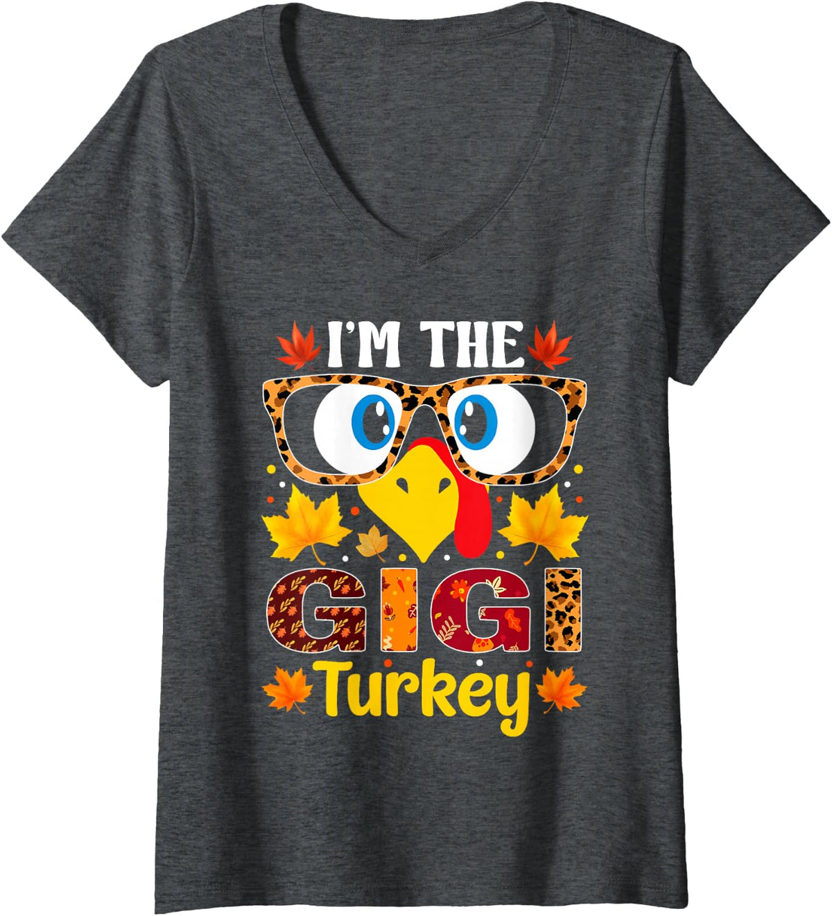 Women's I'm The Gigi Turkey Thanksgiving Family Matching V-Neck T-Shirt - Dark Heather Grey
