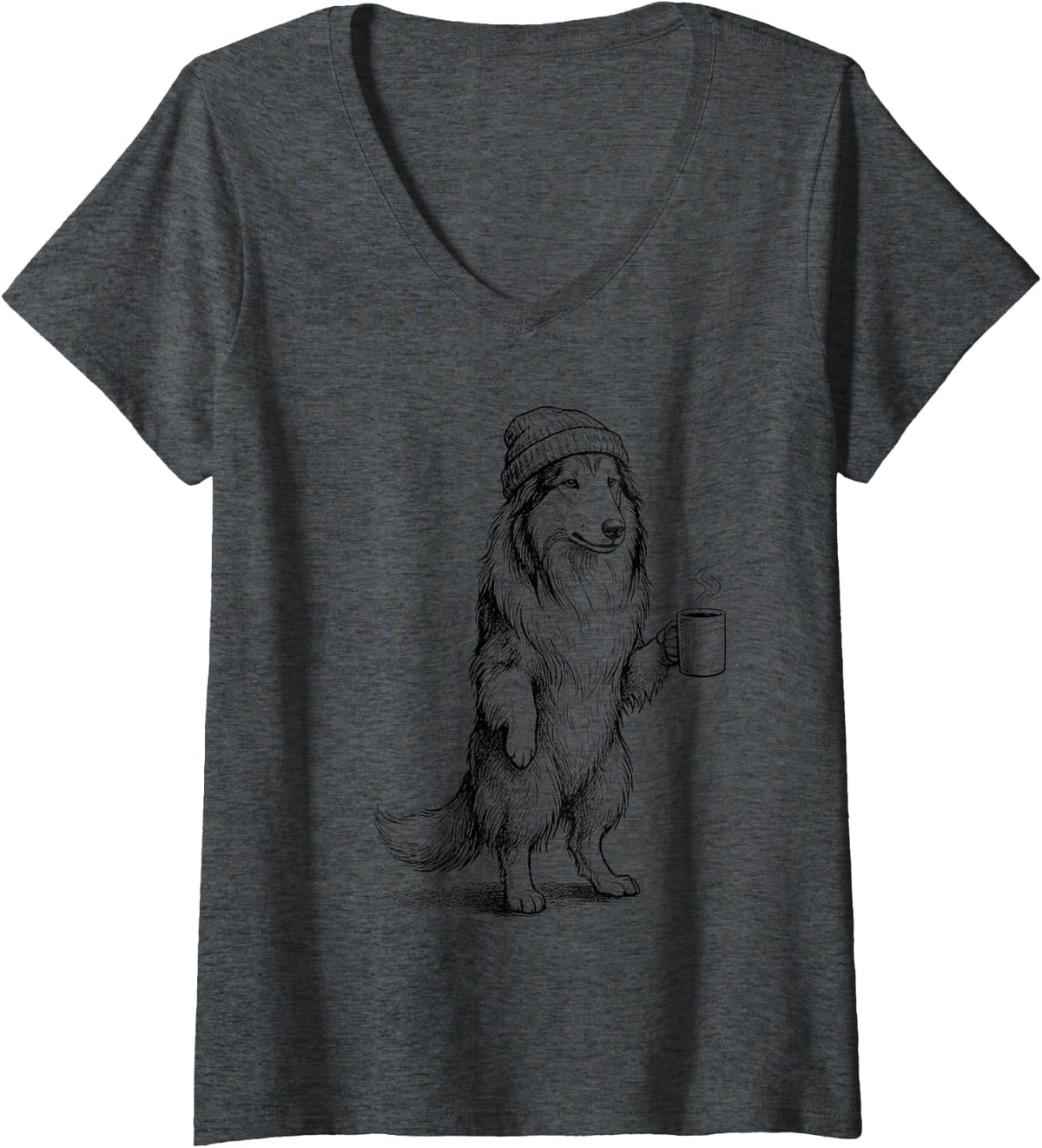 Women's Grumpy Collie Dog Drinking Coffee Funny V-Neck T-Shirt - Dark Heather Grey