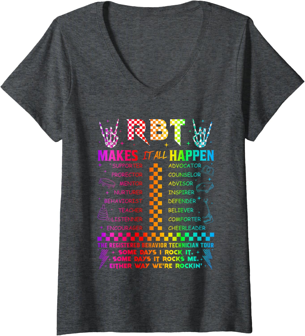 Women's Registered Behavior Technician Rbt Makes It All Happen Retro V-Neck T-Shirt - Dark Heather Grey