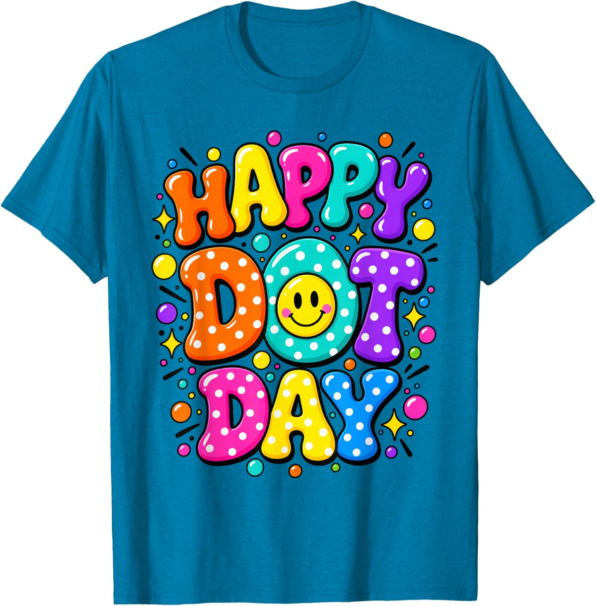 Colorful Polka Dot Smile Face Happy Dot Art Teacher Kids T-Shirt - Sapphire Blue