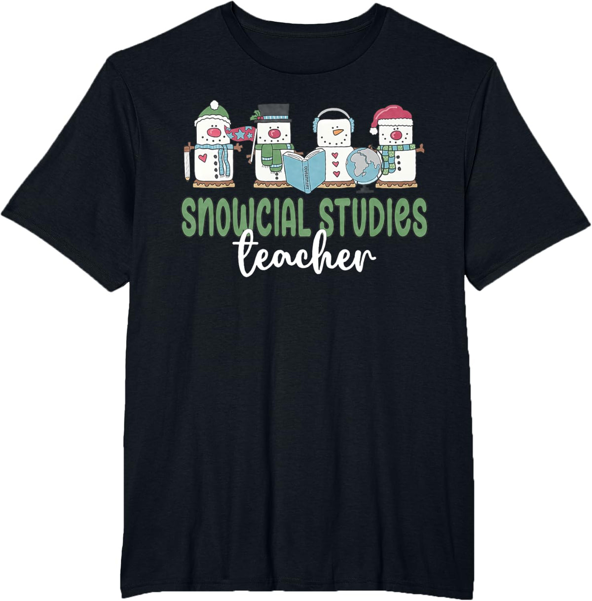 Social Studies Teacher Christmas Snowman Geography Teacher T-Shirt - Black