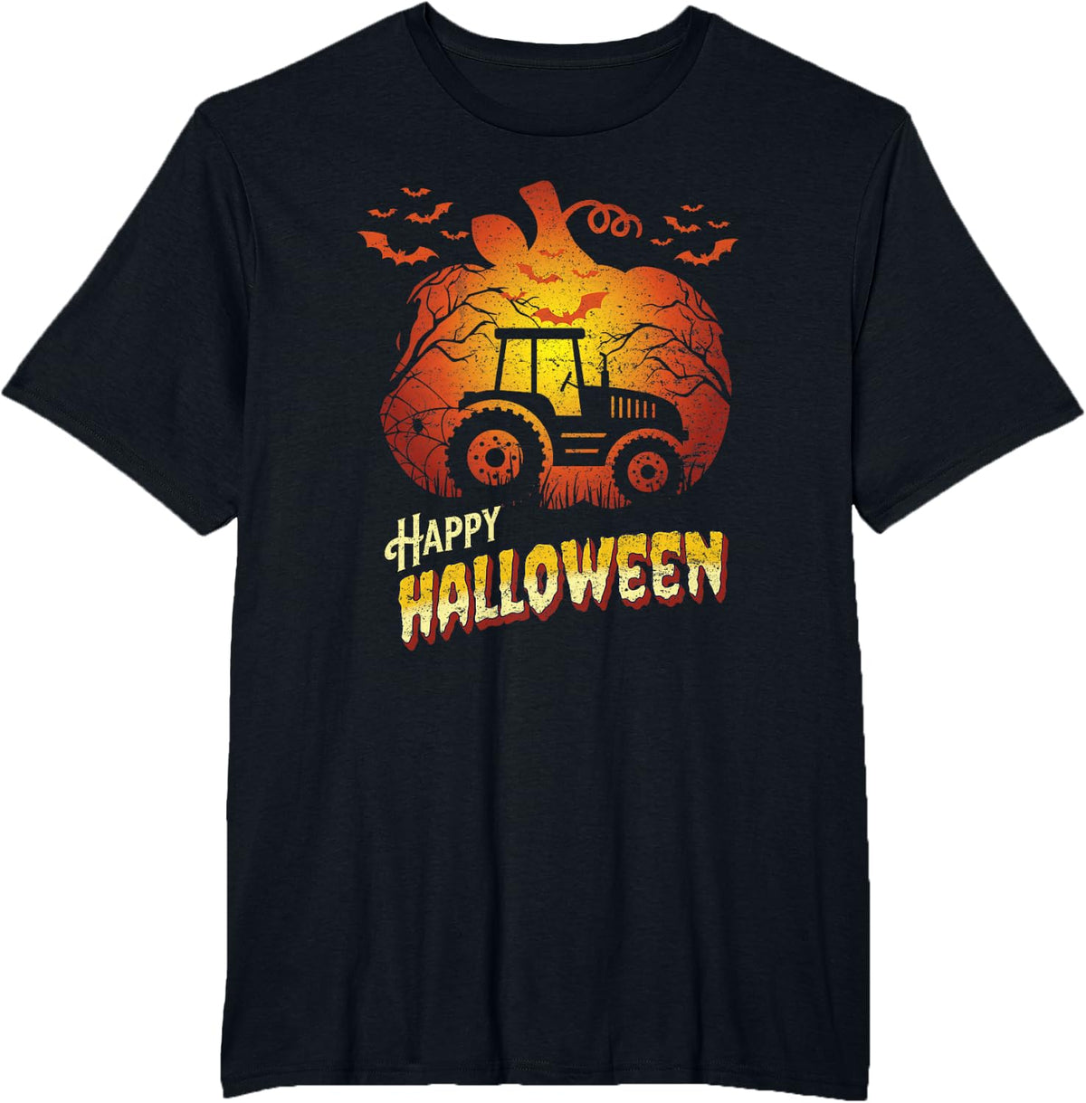 Tractor Silhouette Happy Halloween Farming Farmer Farm T-Shirt - Black
