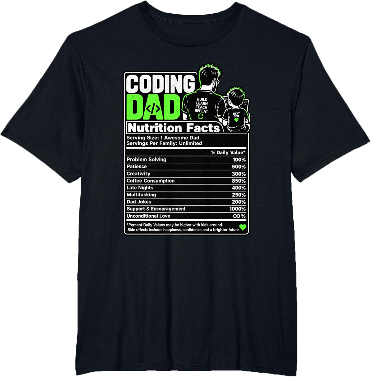 Coding Dad Programmer Nutrition Facts Label Father Son T-Shirt - Black