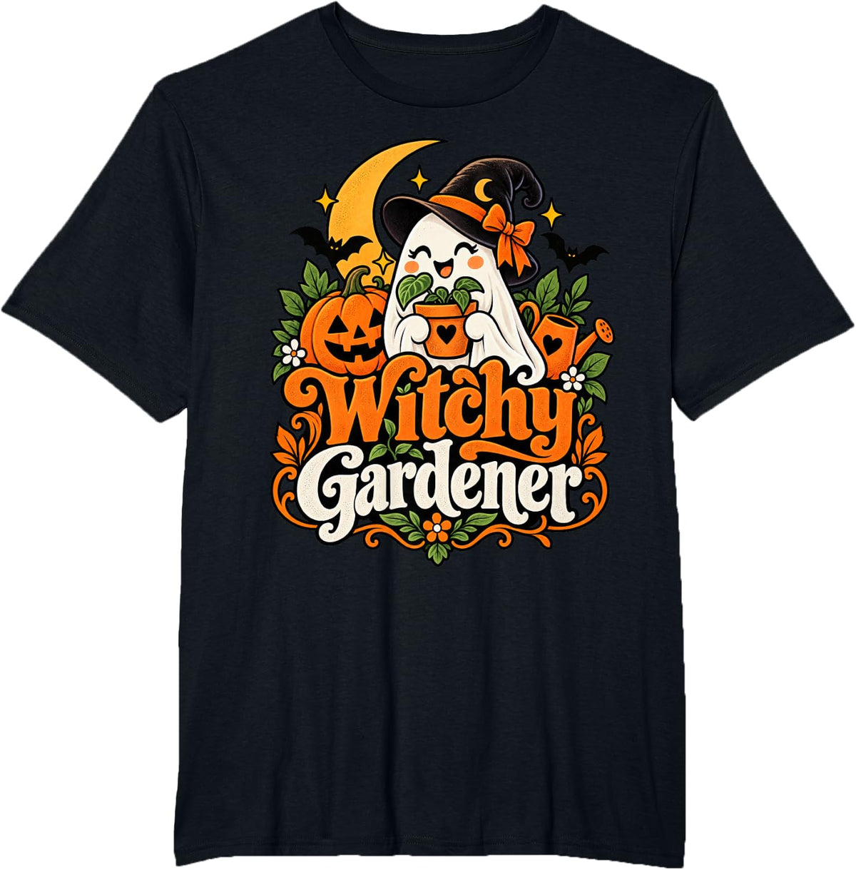 Witchy Gardener Ghost Halloween Plant Lover T-Shirt - Black