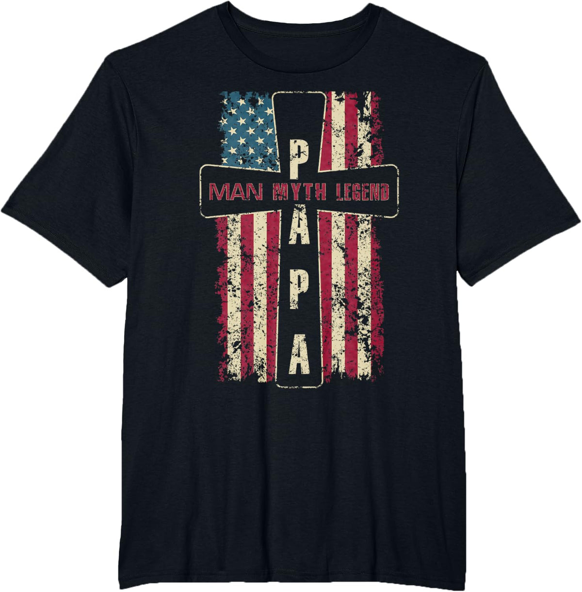 Papa Man Myth Legend USA American Flag Christian Cross T-Shirt - Black
