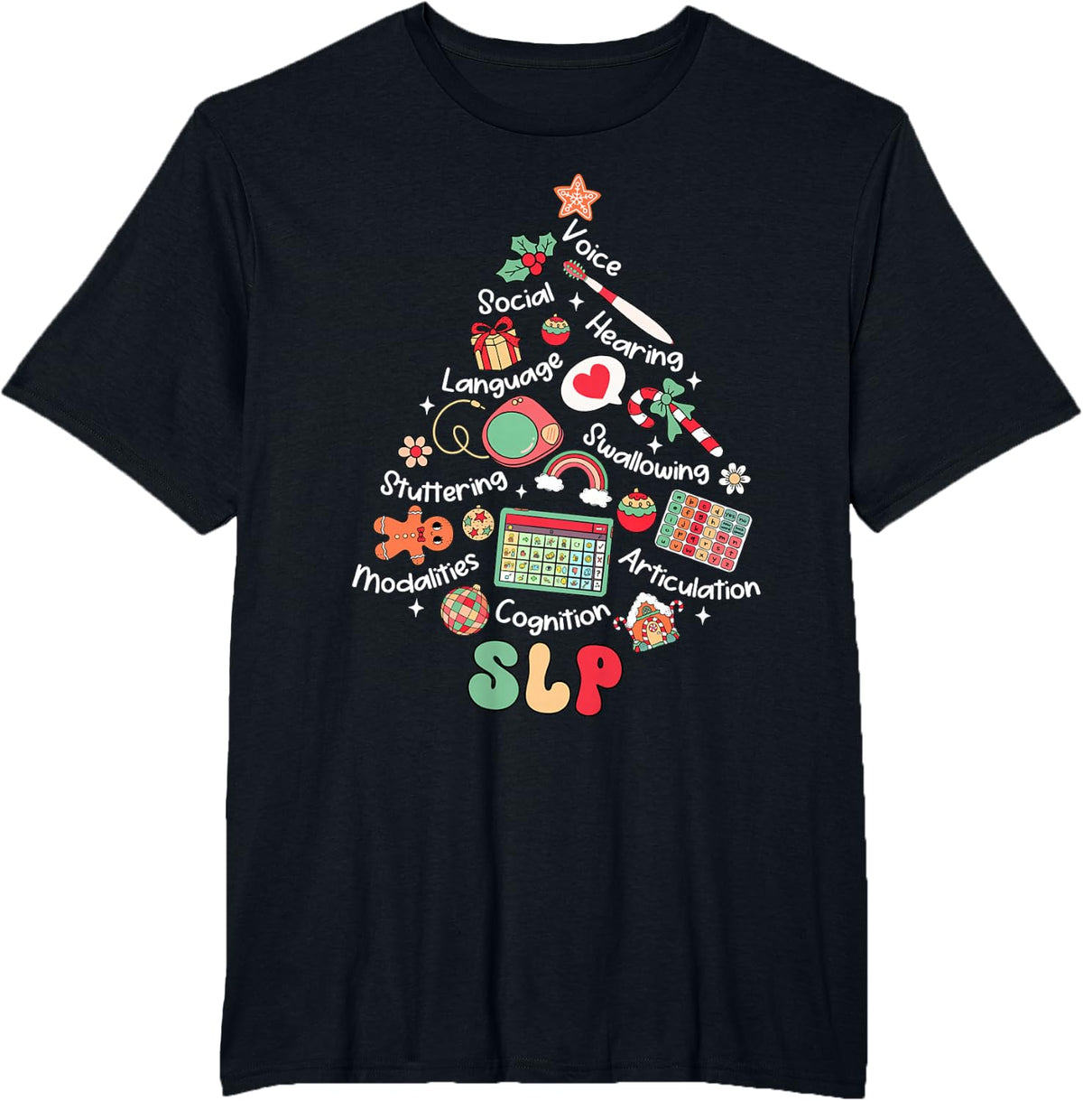 Speech Therapy Christmas Tree Merry Xmas SLP Therapist Funny T-Shirt - Black