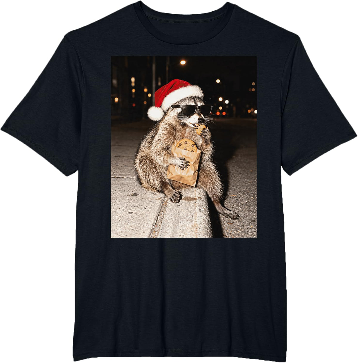 Christmas Raccoon Eating Cookies Funny Santa Hat T-Shirt - Black