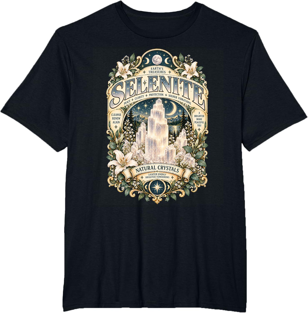 Selenite Graphic Vintage Gemstone Crystal T-Shirt - Black