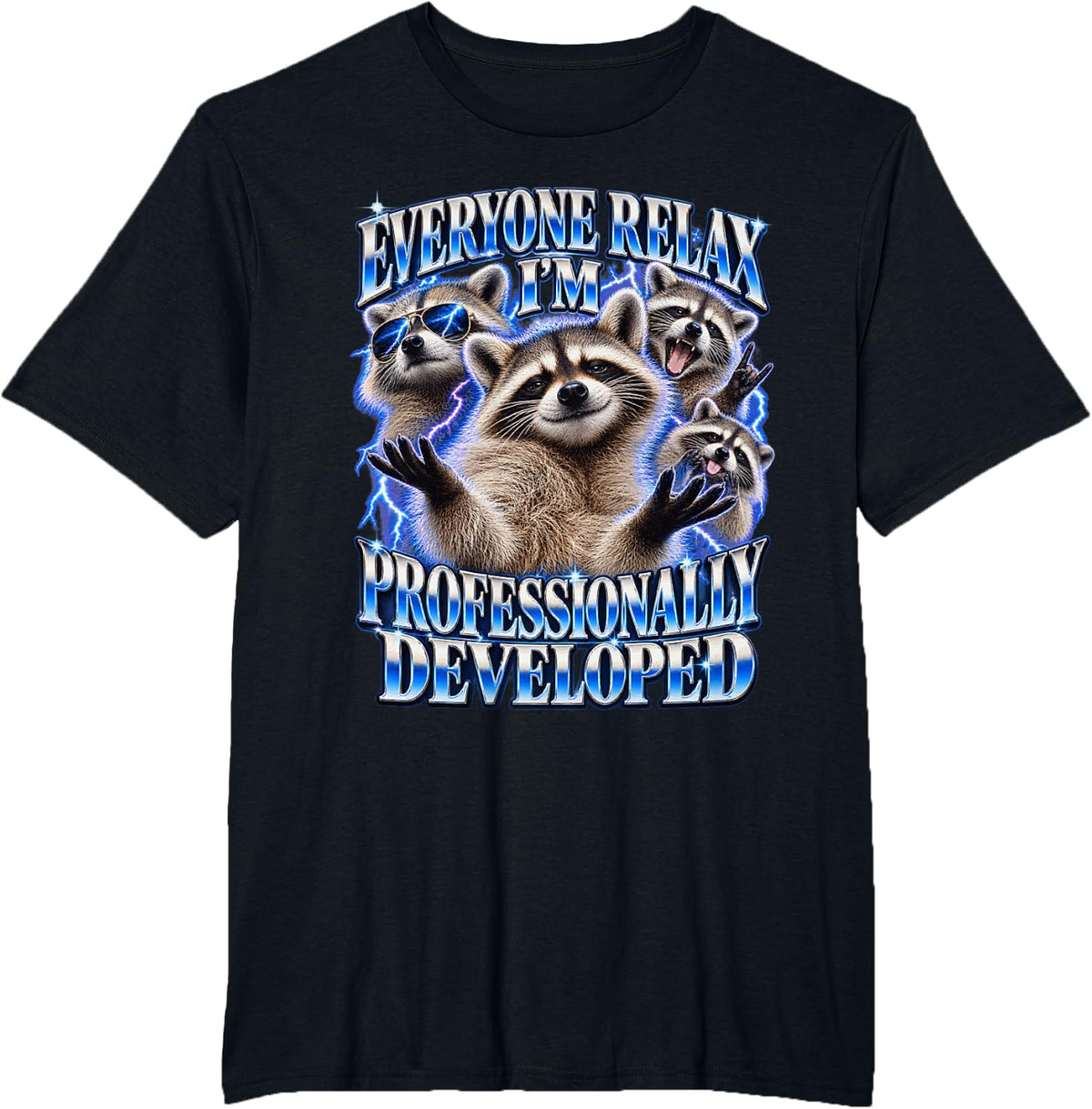 Funny Raccoon Everyone Relax I'm Professionally Developed T-Shirt - Black