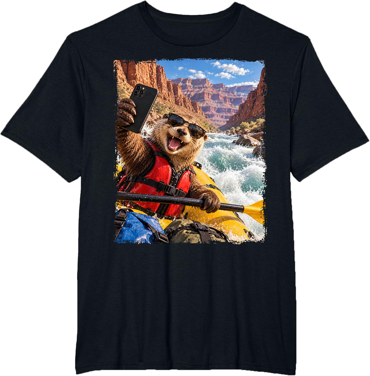 Funny Otter Whitewater Rafting Selfie Meme T-Shirt - Black