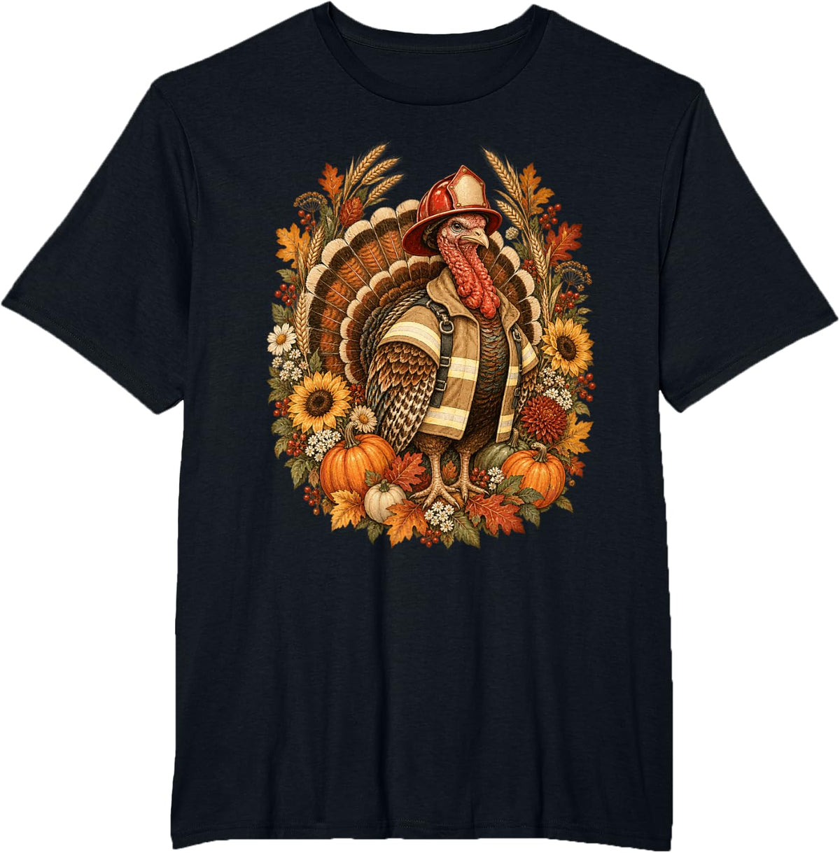 Firefighter Thanksgiving Turkey Fire Helmet Autumn Harvest T-Shirt - Black