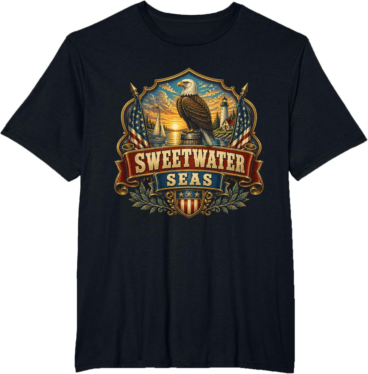 Sweetwater Seas Patriotic Lake Freshwater Coast T-Shirt - Black