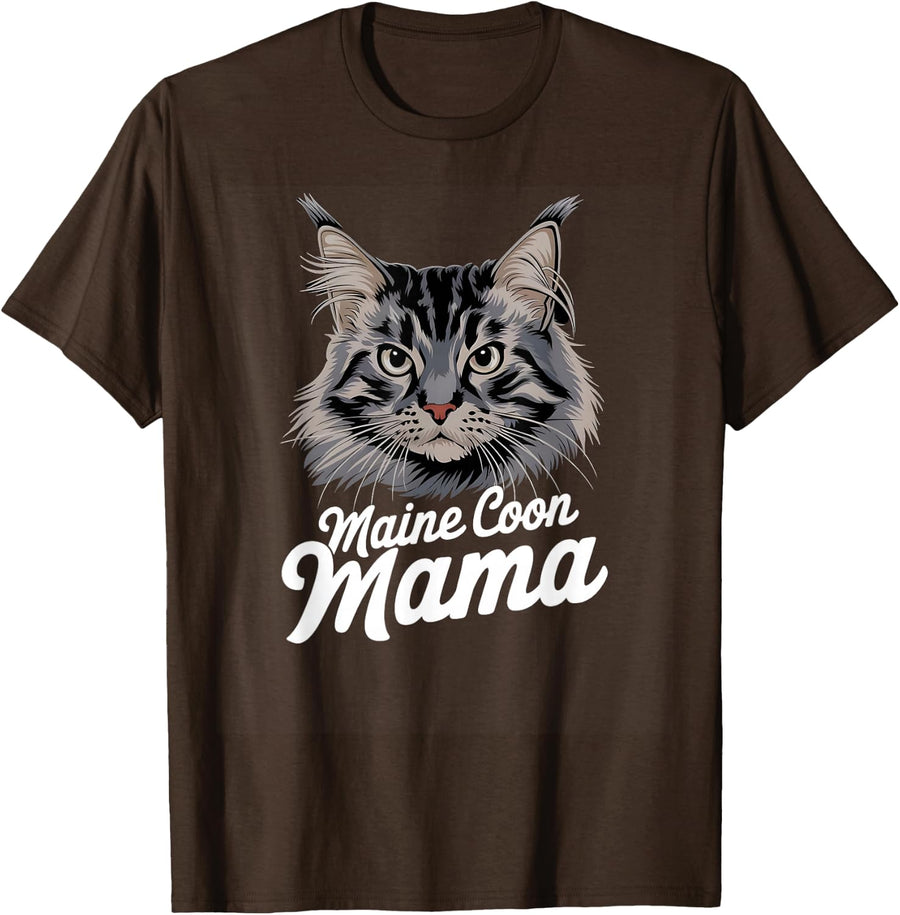 Maine Coon Mama Cat T-Shirt for Women Cat Mom Tees Gift - Brown