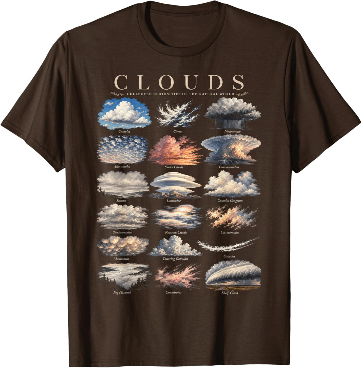 Cloud Types Chart Meteorology Identification Guide T-Shirt - Brown