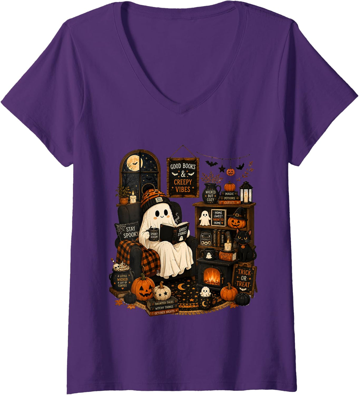 Women's Bookish Ghost Reading Ghost Stories Coffee Lover Cozy Home V-Neck T-Shirt - Purple