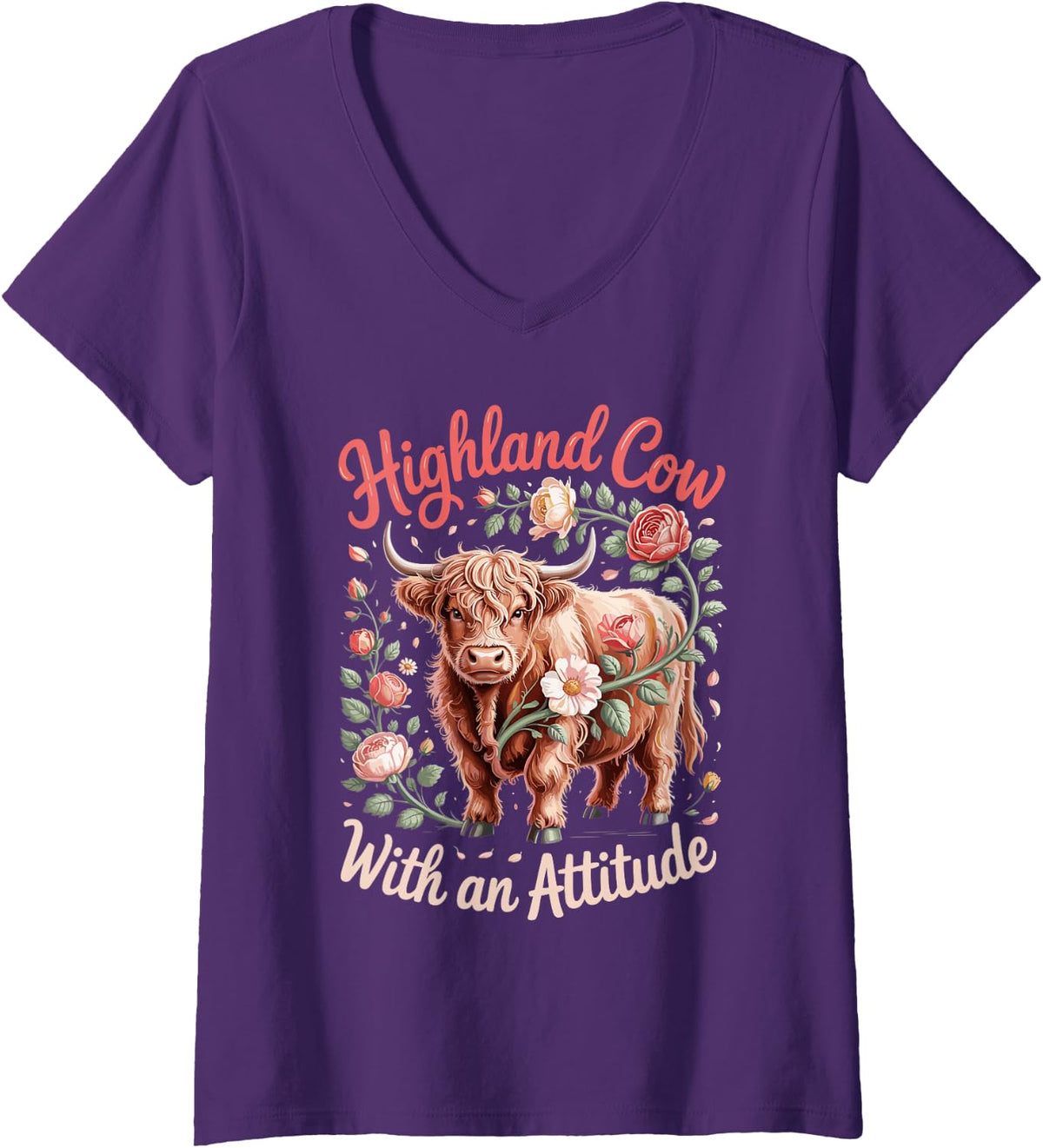 Women's Highland Cow with an Attitude V-Neck T-Shirt - Purple