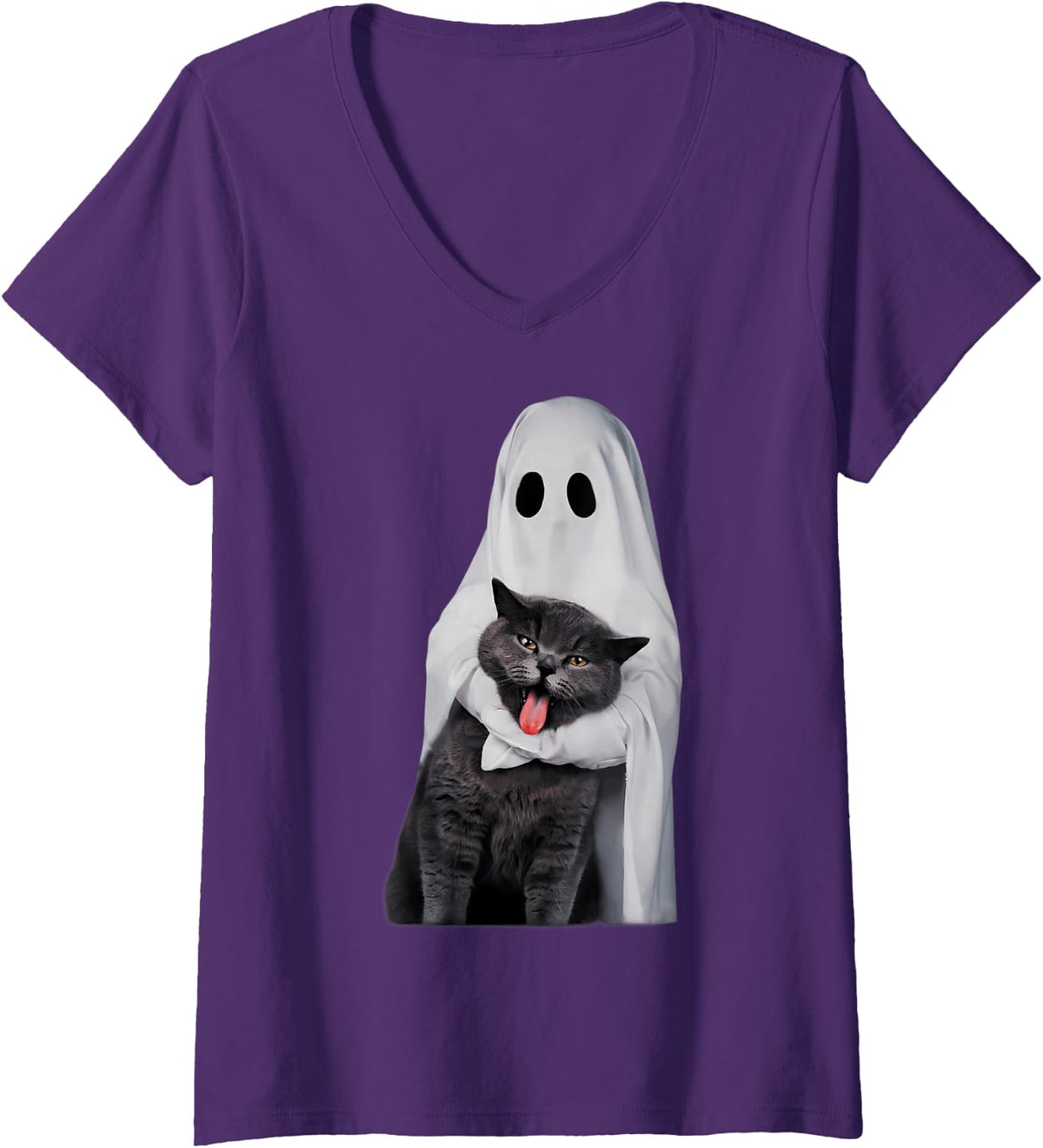 Women's Spooky Sheet Ghost Hugging Funny Cat Meme Halloween Lover V-Neck T-Shirt - Purple