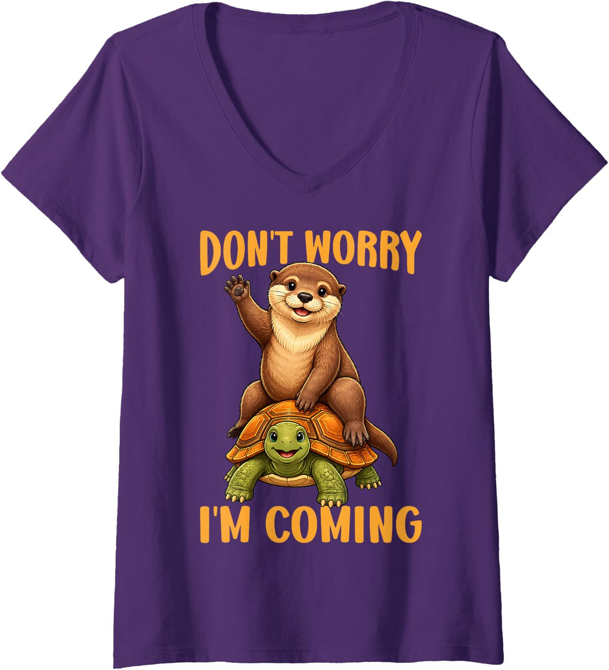 Women's Don't Worry I'm Coming Funny Otter On Turtle V-Neck T-Shirt - Purple