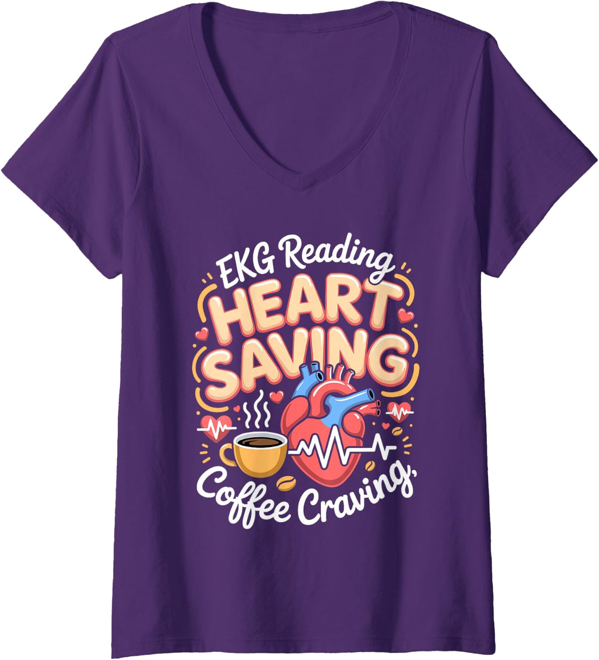 Women's EKG Reading Heart Saving Coffee Craving Cardiac Nurse V-Neck T-Shirt - Purple