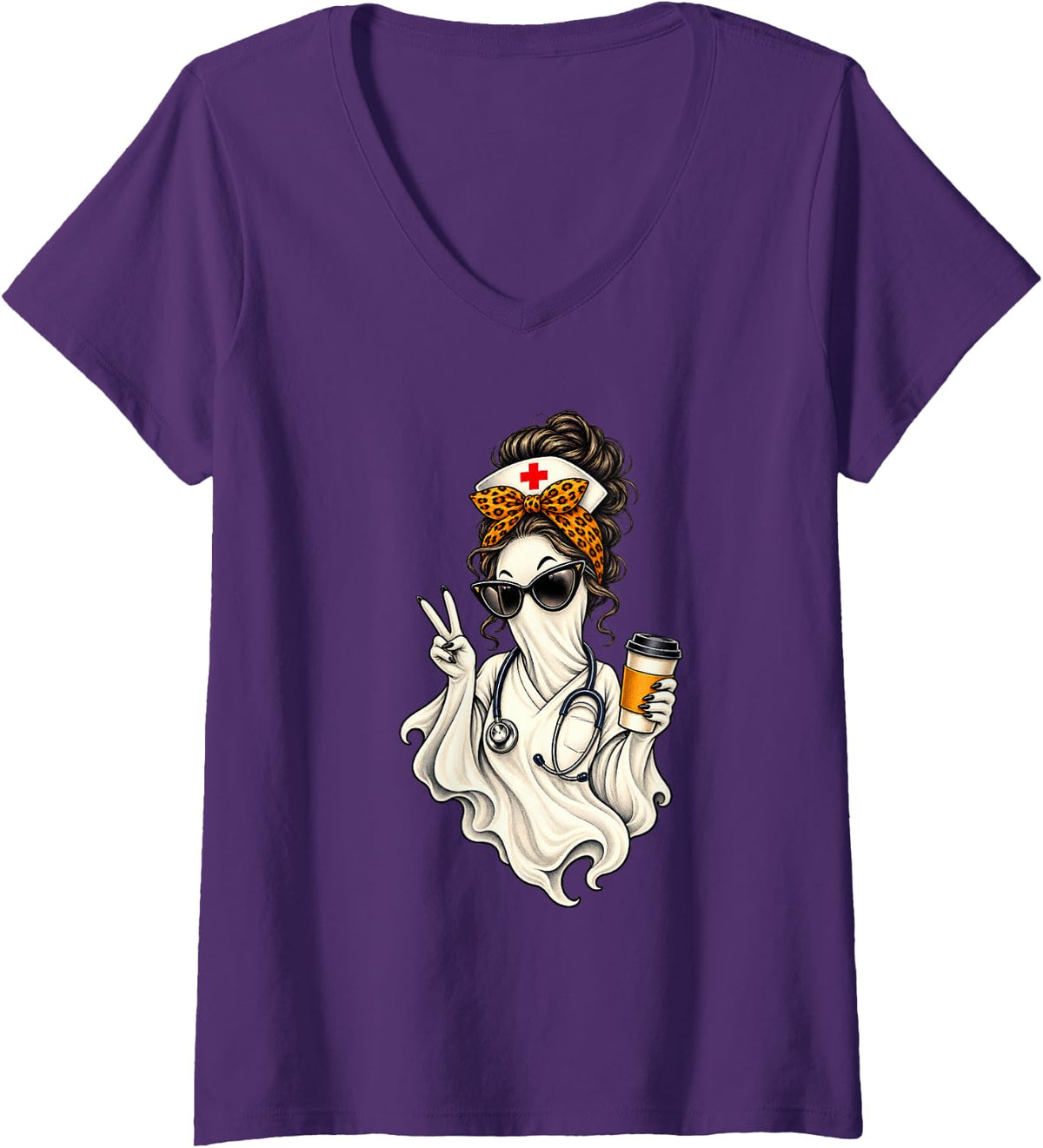 Women's Vintage Ghost Nurse Leopard Bow Coffee Lover Halloween V-Neck T-Shirt - Purple