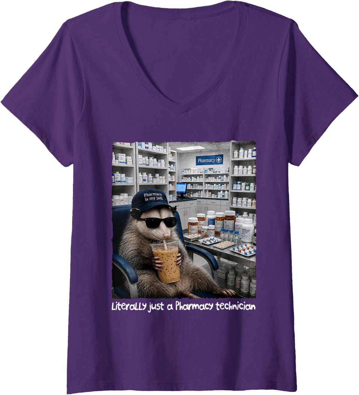 Women's Literally Just Pharmacy Technician Pharmacist Possum V-Neck T-Shirt - Purple