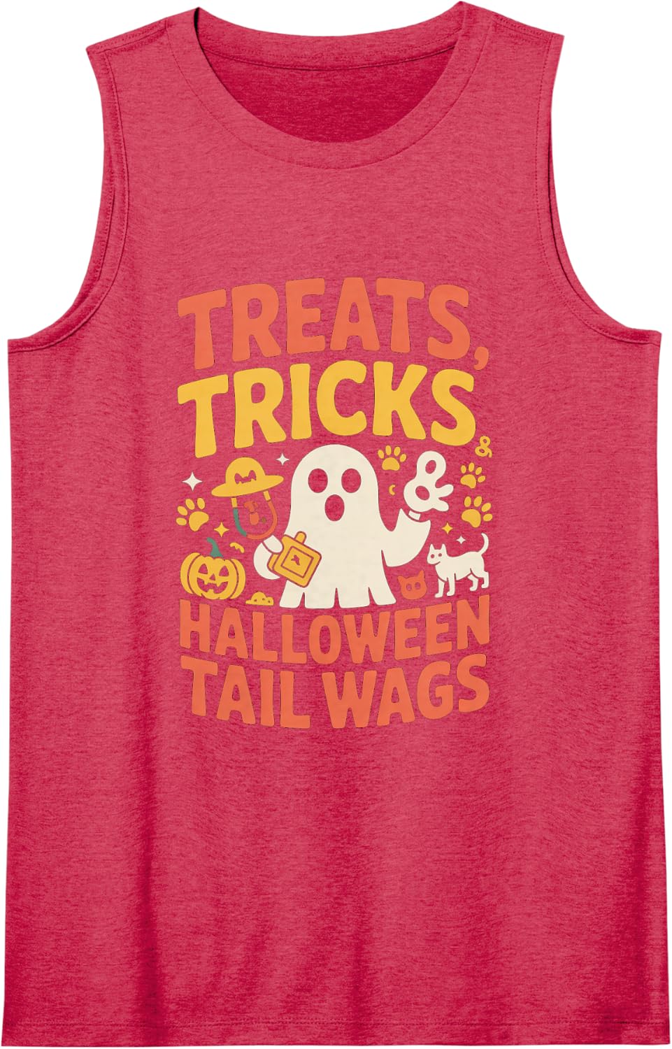 Treats Tricks Halloween Tail Wags Dog Ghost Sleeveless Tank Top - Red