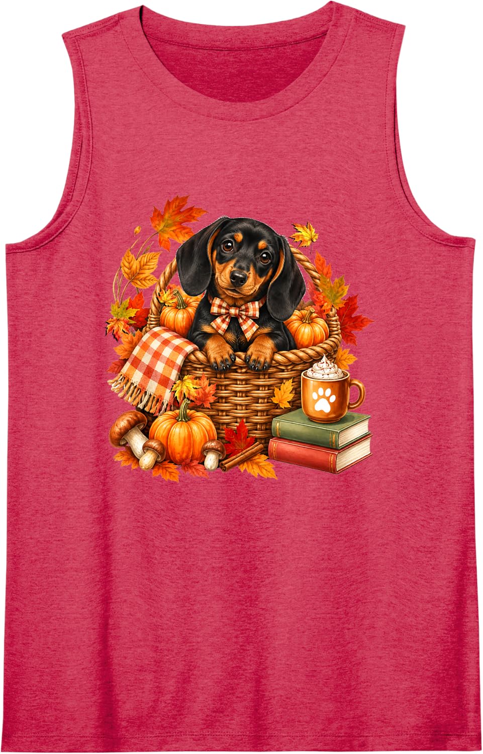 Dachshund Fall Leaves Pumpkins and Books Autumns Dog Sleeveless Tank Top - Red