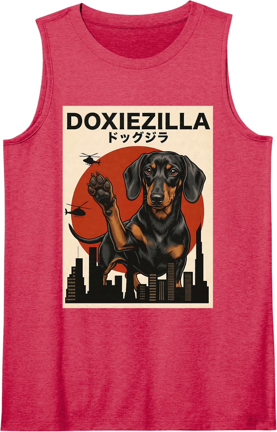 Dachshund Doxiezilla Black Sleeveless Tank Top - Red