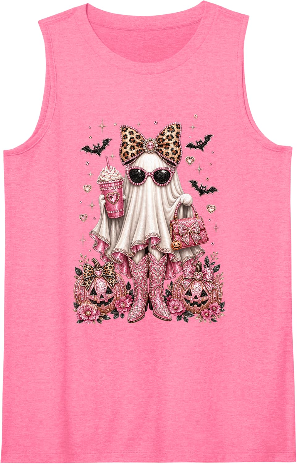 Boo JEE Ghost Leopard Bow Halloween Pumpkin Women Girls Sleeveless Tank Top - Pink