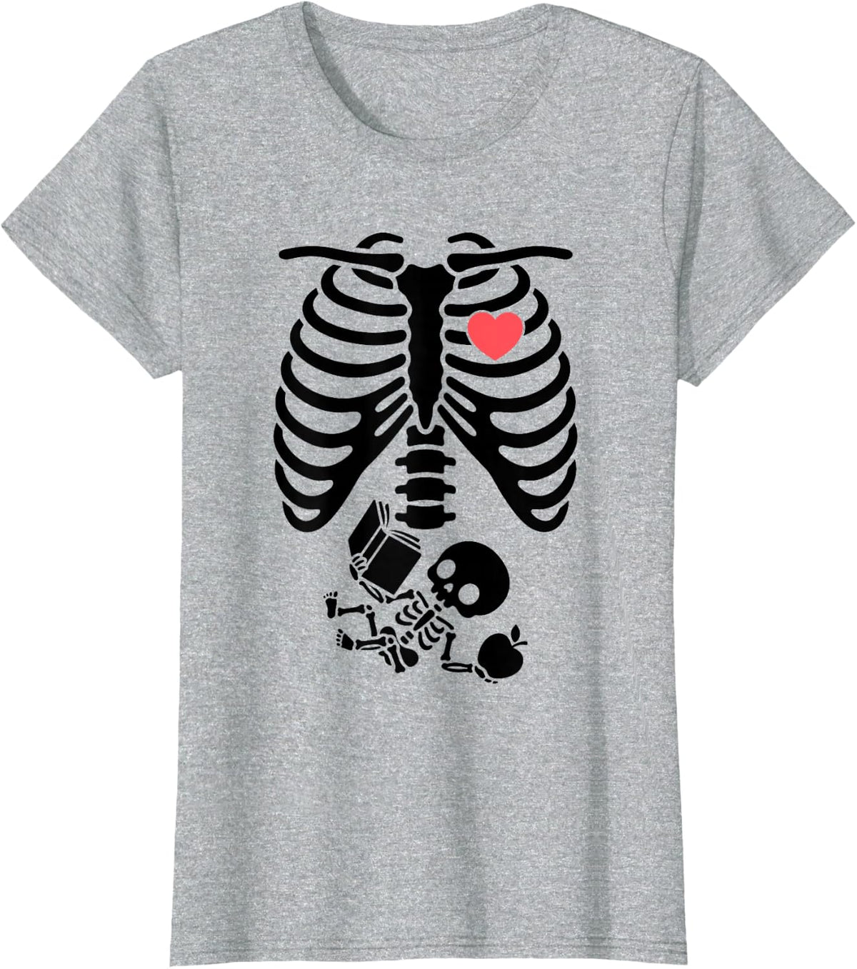 Teacher Skeleton Ribcage Apple Book Baby Bump Halloween Art T-Shirt - Heather Grey
