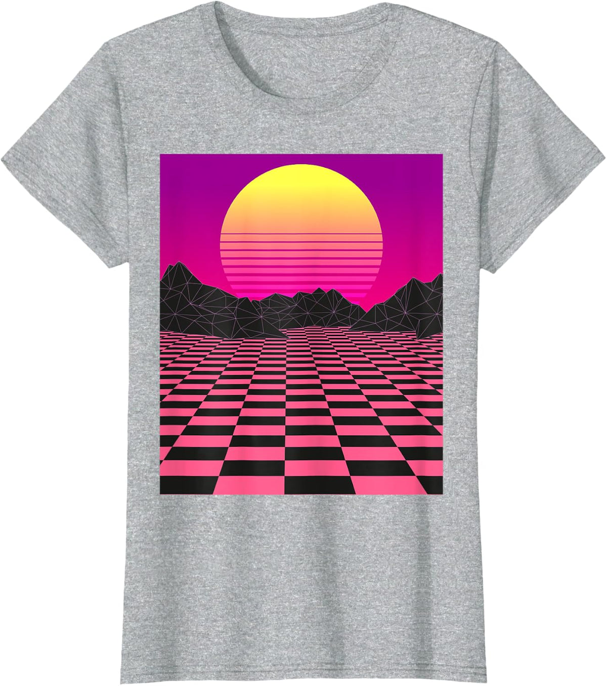 Vaporwave Sunset Mountains Pink Checkerboard Retro T Shirt T-Shirt - Heather Grey