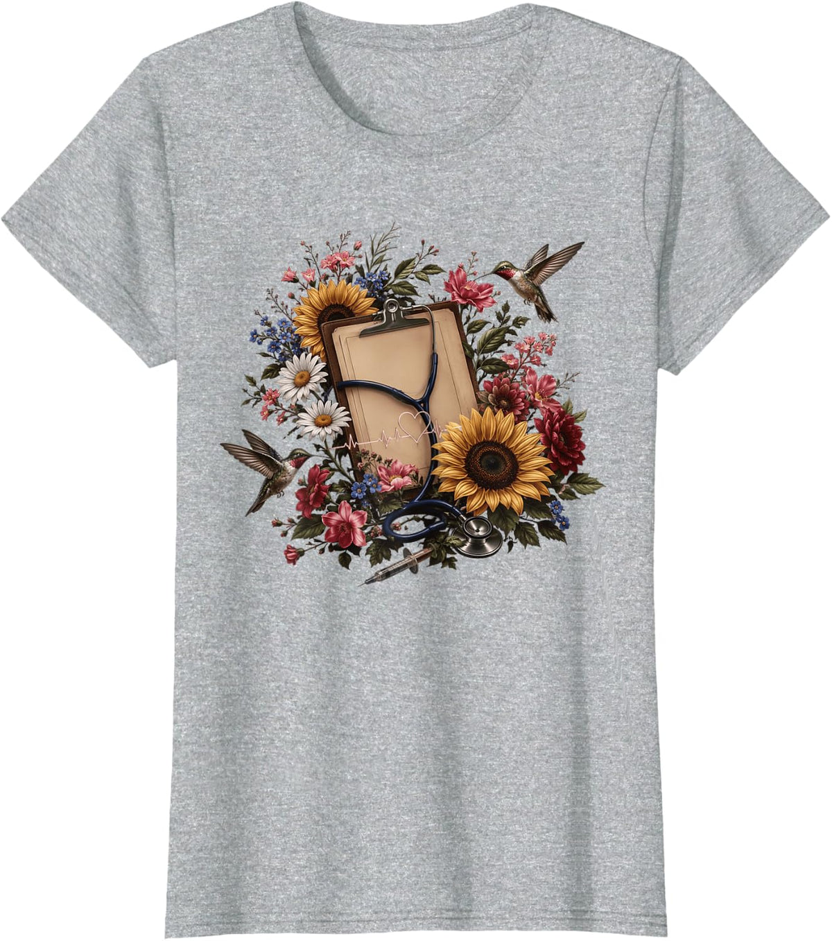 Nurse Floral Hummingbird Stethoscope Sunflower Daisy T-Shirt - Heather Grey