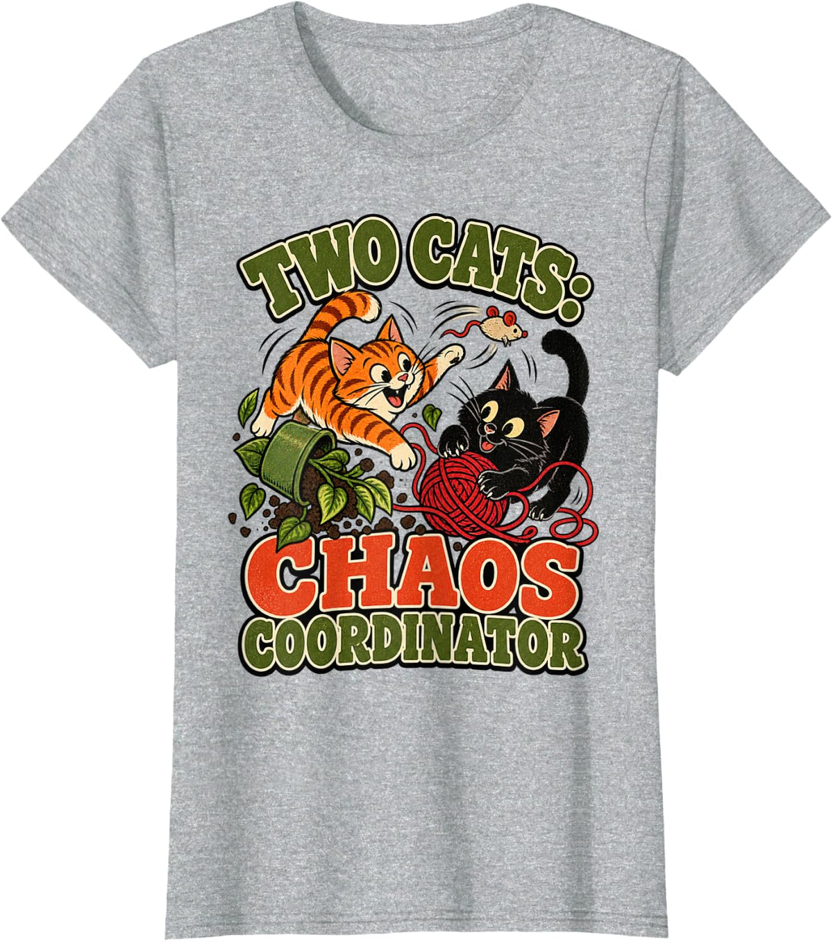 Two Cats Chaos Coordinator Cat Owners Funny Cat Mom T-Shirt - Heather Grey