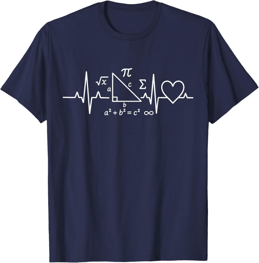 Math Heartbeat Pulse Geometry Algebra STEM Graphic T-Shirt - Navy Blue