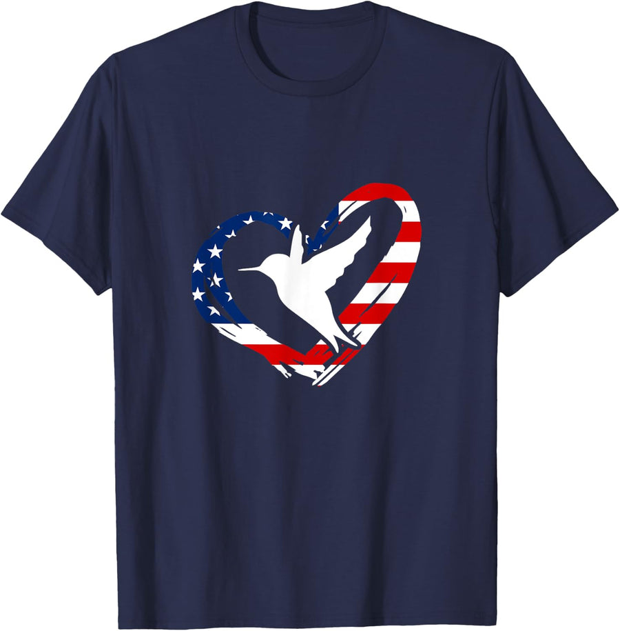 Hummingbird American Flag Heart USA 4th Of July T-Shirt - Navy Blue