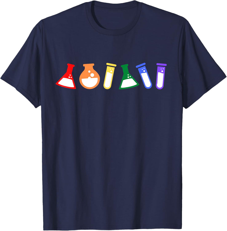 Rainbow Test Tube Beakers Science T-Shirt for Queer Scientist, Gay Scientist Tees - Navy Blue